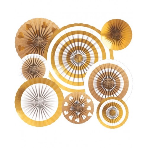 8 ABANICOS BLANCO METAL ORO 20/30/40CM