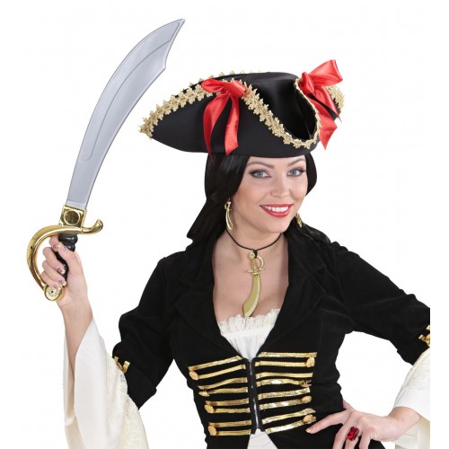 SOMBRERO  PIRATA NEGRO/ORO LAZOS ROJOS