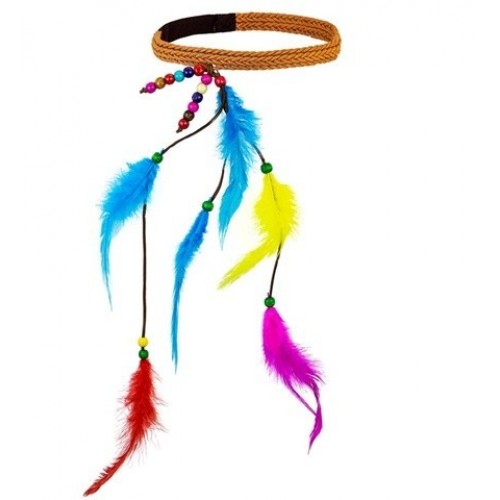 DIADEMA TRENZA C/PERLAS Y PLUMAS COLOR