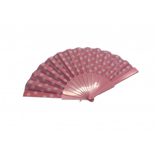 ABANICO PL ROSA LUNARES BLANCOS 23CM