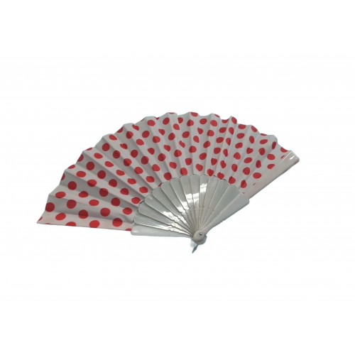 ABANICO PL BLANCO LUNARES ROJOS 23CM