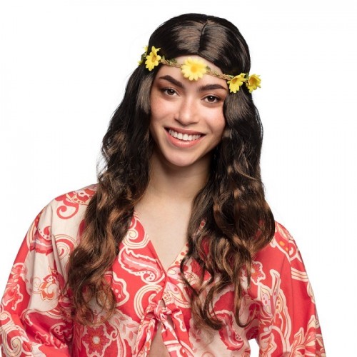 PELUCA MARRON CON DIADEMA FLOR HIPPIE