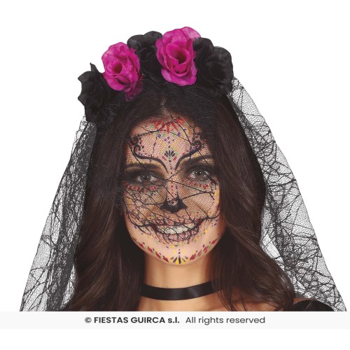 DIADEMA VELO FLORES CATRIN NEGR/FUCSIA