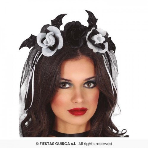 DIADEMA C/VELO FLORES NEGRAS BLANCA