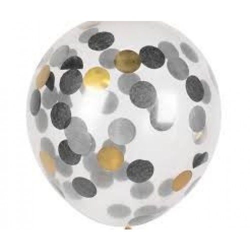 5 GLOBOS 11" LATEX CONFETI ORO/PLATA/NEG