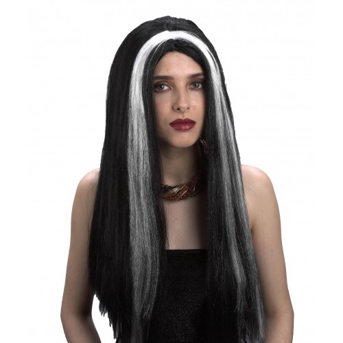 PELUCA LISA LARGA NEGRA C/MECHA BLANCA