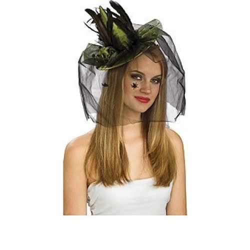 MINI SOMBRERO BRUJA C/VELO PLUMAS VERDE