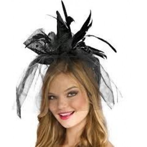 DIADEMA MINI SOMBRERO BRUJA PLUMA VELO
