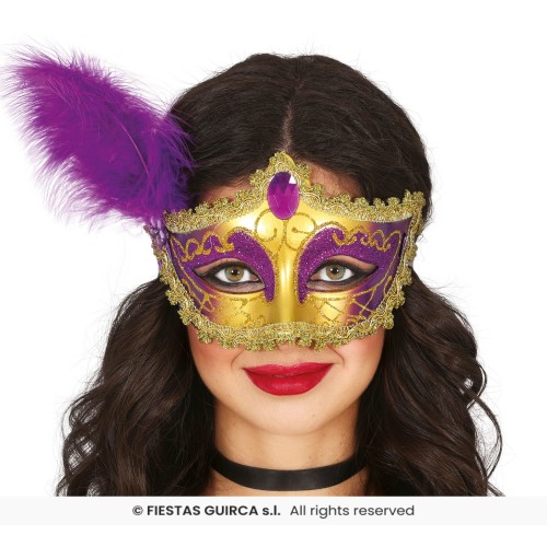 " ANTIFAZ CON PLUMA ORO/LILA