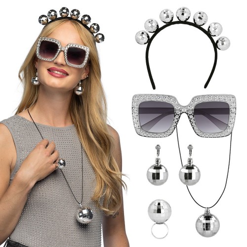 SET DISCO TIARA GAFAS COLLAR ANILLO PEND