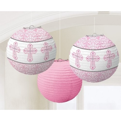 3 FAROLES DISEÑO COMUNION ROSAS 24CM