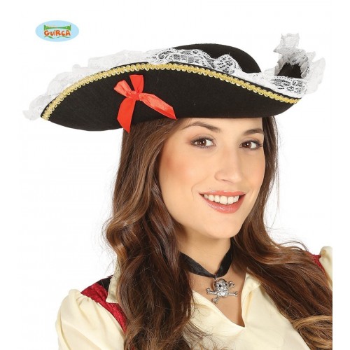 SOMBRERO PIRATA BORDE ENCAJE BLANCO