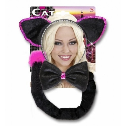 SET GATO OREJA PAJARITA COLA FUCSIA