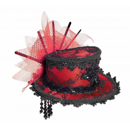 MINI SOMBRERO TRABA ROJO ENCAJE NEGRO