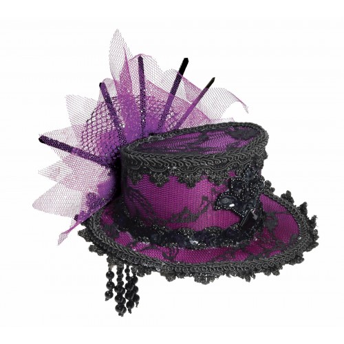 MINI SOMBRERO TRABA VIOLETA ENCAJE NEGRO