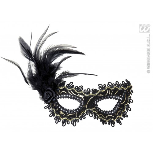 ANTIFAZ NEGRO CON ROSA PLUMAS DECO ORO