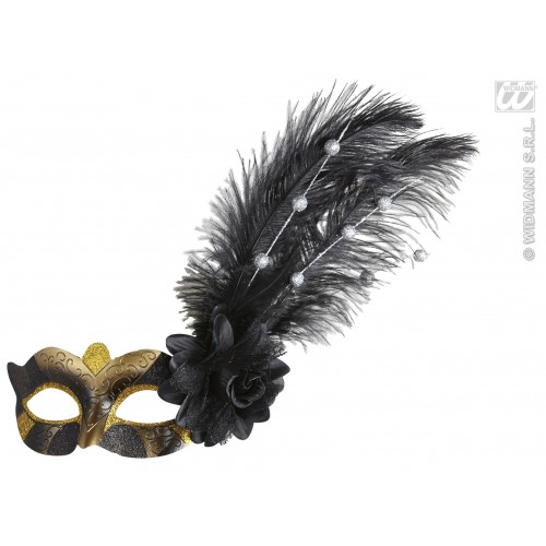 ANTIFAZ METAL ORO PLUMA FLOR NEGRA