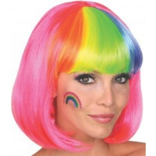 PELUCA CORTA FUCSIA FLECOS ARCO IRIS