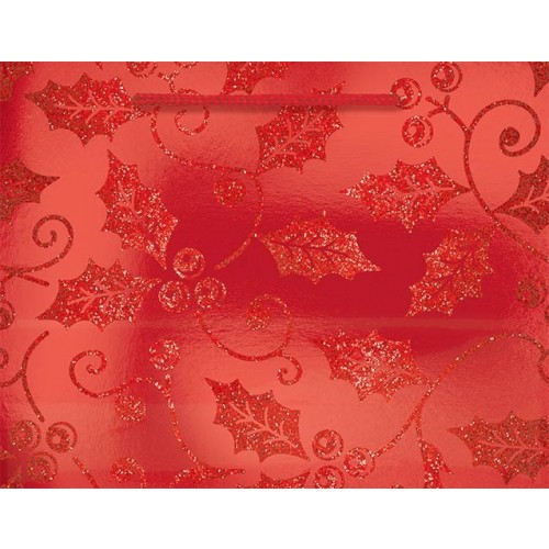 BOLSA ROJA ACEBO GLITTER 23X17,5CM
