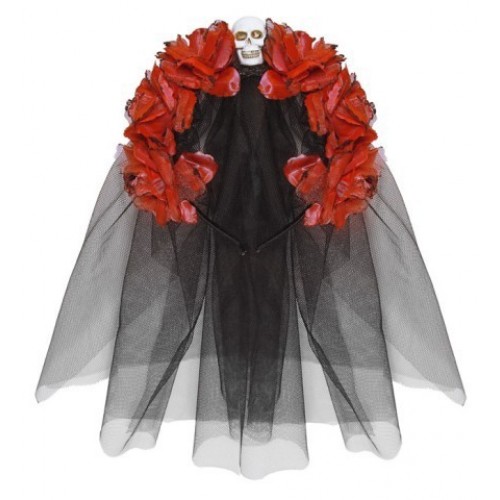 DIADEMA VELO ROSAS ROJA CALAVERA CATRINA