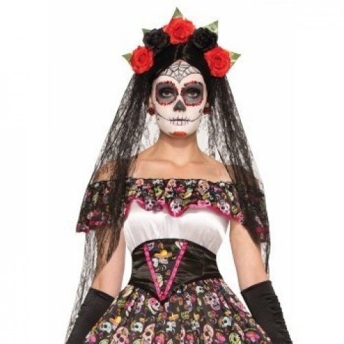VELO NEGRO CALAVERA COLOR MEXICANA