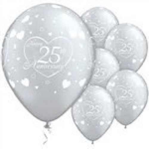 $D 6 GLOBOS 11" LATEX  25 ANIVERS PLATA