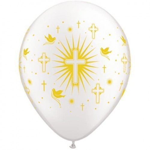 50 GLOBOS 11" LATEX BLANCO CRUZ COMUNION