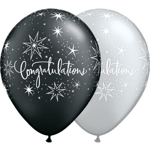 25 GLOBOS 11" LATEX CONGRATUL NEGRO/PLAT