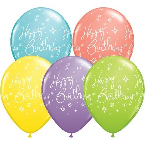 25 GLOBOS 11" LATEX H.BDAY COL.SUR. PAST