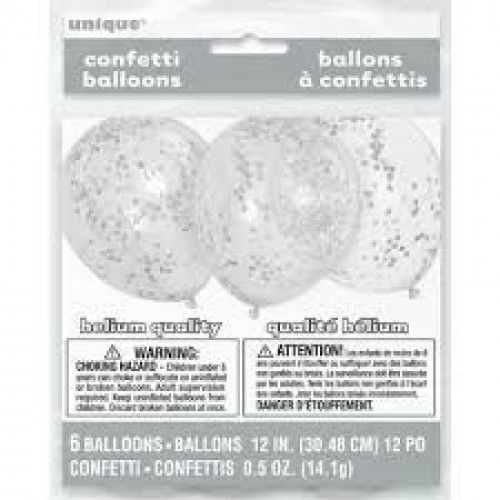 PAQ.6/U GLOBO TRANSPARENTE CONFETI PLATA