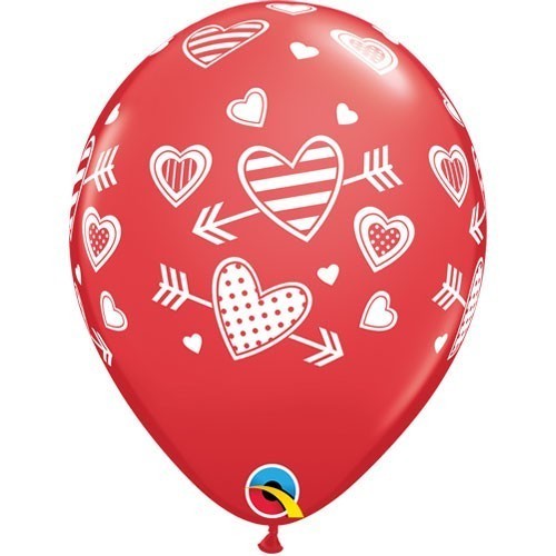 25 GLOBOS 11" LATEX ROJO CORAZON FLECHA