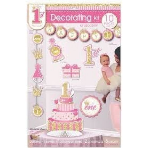   KIT 10PZA DECORACION 1AÑO ROSA