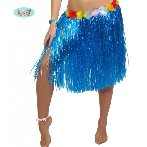 FALDA HAWAIANA FLORES AZUL 55CM