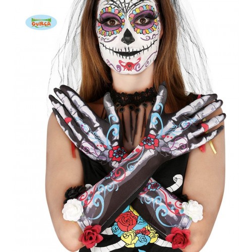 $D GUANTES ESQUELETO FLORES DIA MUERTO
