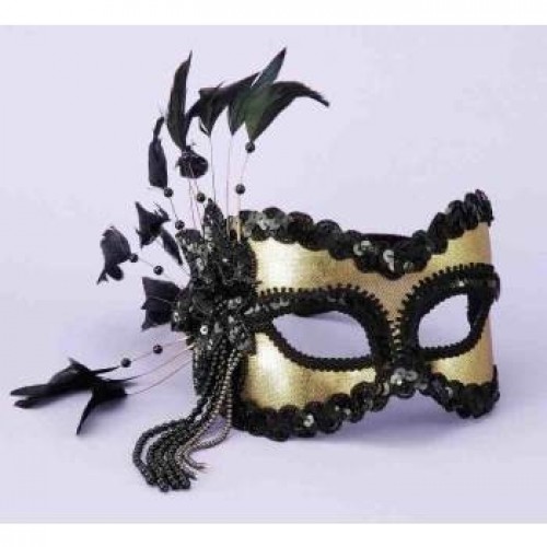 MASCARA ORO DECORADO PLUMA NEGRA