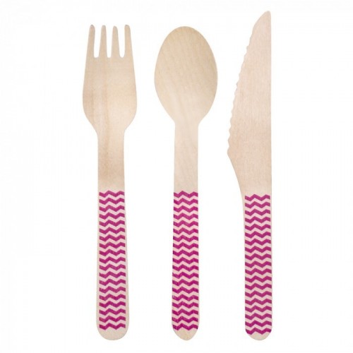 18 CUBIERTOS MADERA IMPRESION FUCSIA