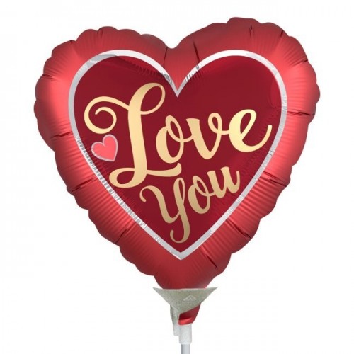 GLOBO 9" PALO FOIL CORAZON ROJO LOVE ORO