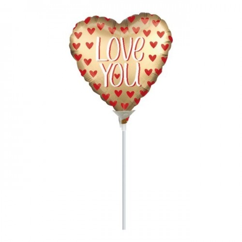 GLOBO 9" PALO FOIL FORMA CORAZON ORO LOV