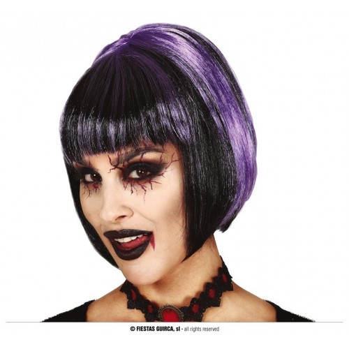 PELUCA CORTA NEGRA CON MECHAS LILAS