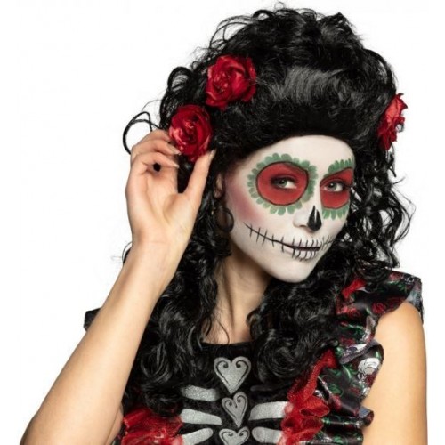 PELUCA CATRINA CON FLORES NEGRA Y ROJA