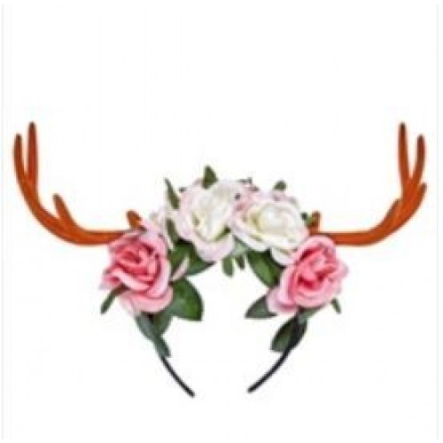 DIADEMA CUERNOS CIERVO CON FLORES ROSAS