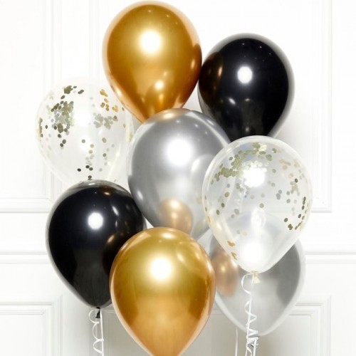 " 8 GLOBOS LATEX NEGRO/ORO Y PLATA