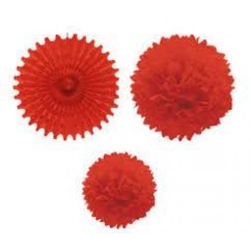   SET 1 ABANICO 2 POMPONES ROJO