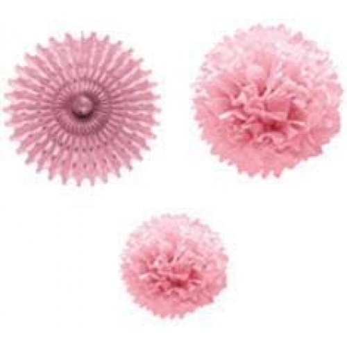   SET 1 ABANICO 2 POMPONES ROSA