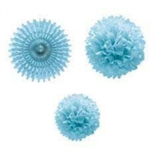   SET 1 ABANICO 2 POMPONES CELESTE