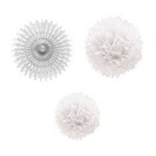   SET 1 ABANICO 2 POMPONES BLANCO
