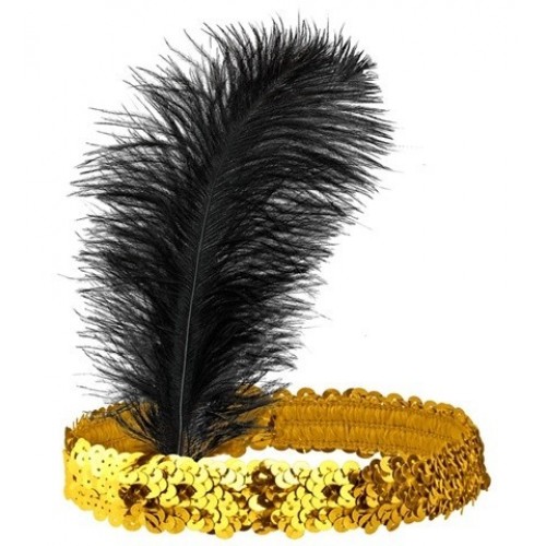 DIADEMA DE LENTEJUELAS DORADA CON PLUMA
