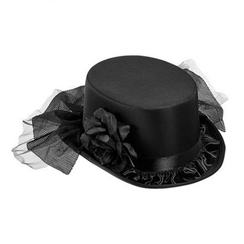 SOMBRERO ADULTO CON ROSA NEGRA Y TUL