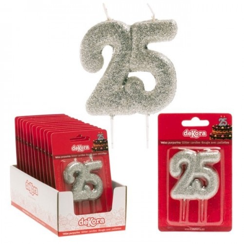 VELA 25 ANIVERSARIO GLITTER PLATA 9CM