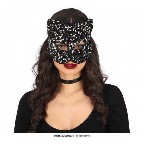 ANTIFAZ GATO NEGRO LENTEJUELAS PLATA